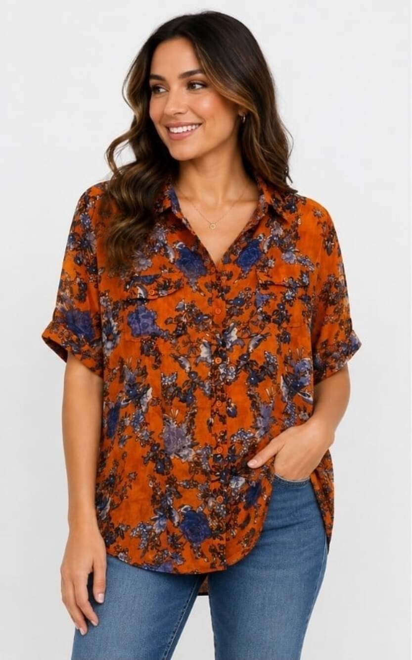 Magazine Floral Orange Blue Blouse Buttondown Shirt Shortsleeve Boho XL NWT CR60
